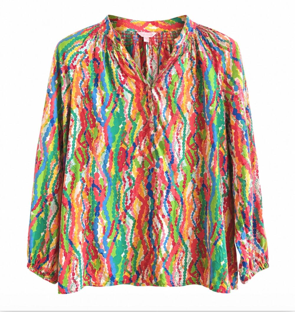 Lilly Pulitzer 100% Elsa Silk Multicolor Abstract Print Blouse Top M Lightweight